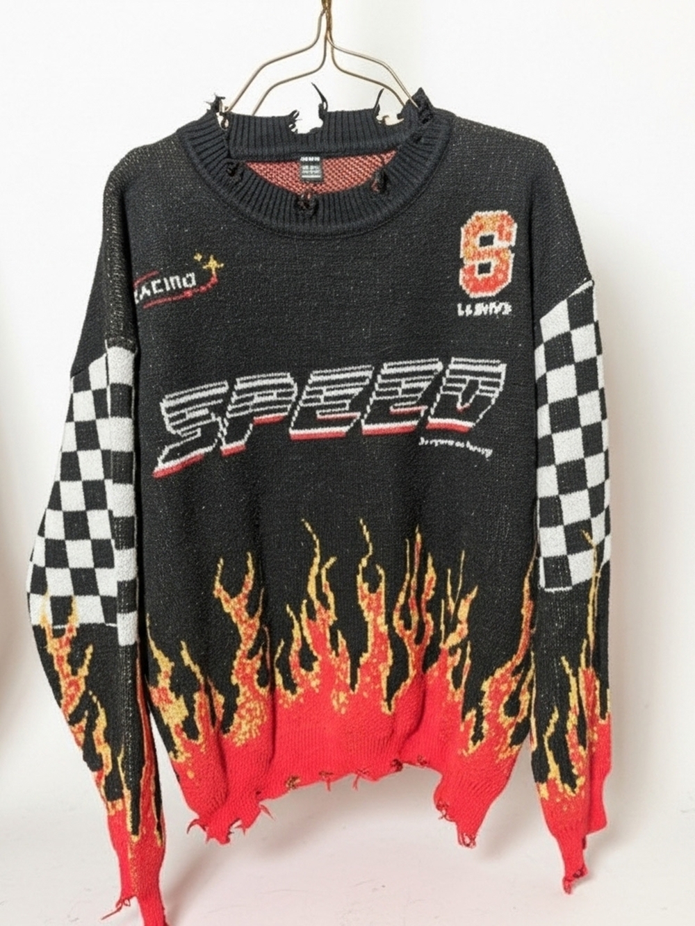 Black Sweater with Red and Orange Flame & Checkered Sleeves